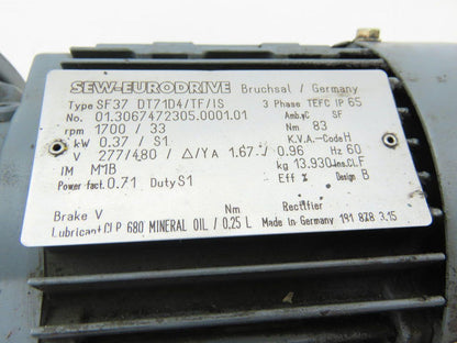 SEW-EURODRIVE SF37 DT71D4/FS/IS 0.27Kw Gear Motor 277/480V 3Ph 33RPM 20mm Shaft