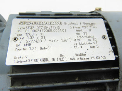 SEW-EURODRIVE SF37 DT71D4/FS/IS 0.27Kw Gear Motor 277/480V 3Ph 33RPM 20mm Shaft