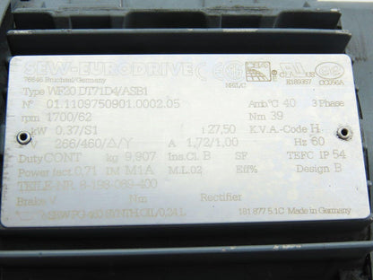 SEW-EURODRIVE WF20 DT71D4/ASB1 0.37Kw Gear Motor 266/460V 3Ph 62RPM 20mm Shaft