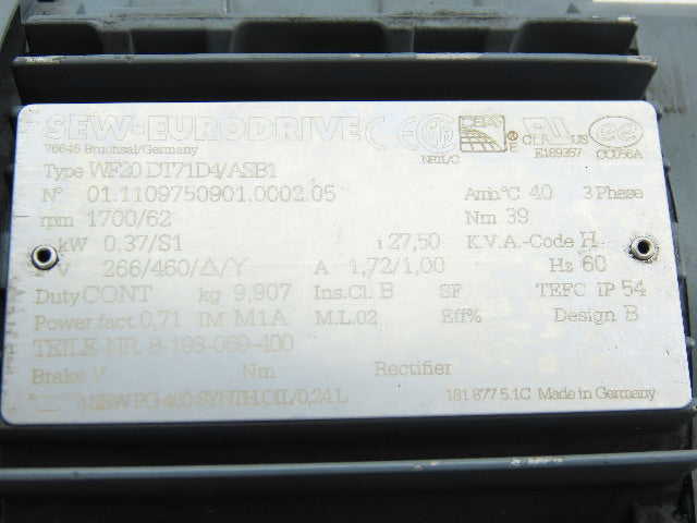 SEW-EURODRIVE WF20 DT71D4/ASB1 0.37Kw Gear Motor 266/460V 3Ph 62RPM 20mm Shaft