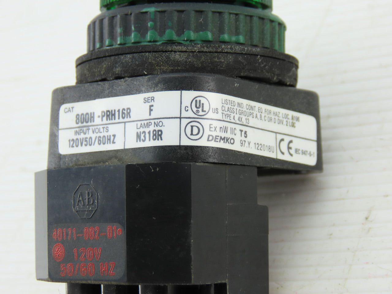 Allen Bradley 800H-PRH16R/F LED Green Pilot Light 120V Series F