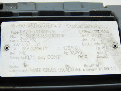 SEW-EURODRIVE R3DT71D4/TF/IS 0.37Kw Gear Motor 266/460V 3Ph 96RPM 20mm Shaft