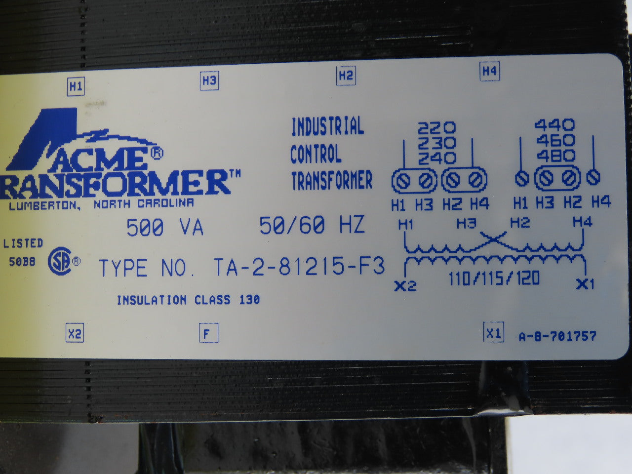 Acme Transformer TA-2-81215-F3 Transformer 500VA 230/460 Pri 110/115/120 Sec