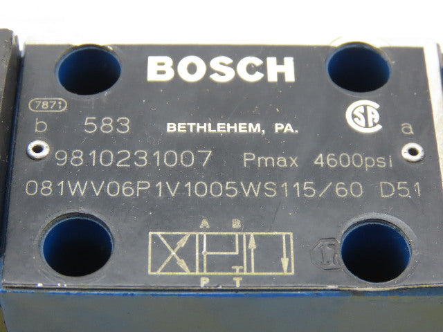 Bosch 081WV06P1V1005WS 4/3 Position 4500PSI Solenoid Hydraulic Valve 115V Coil