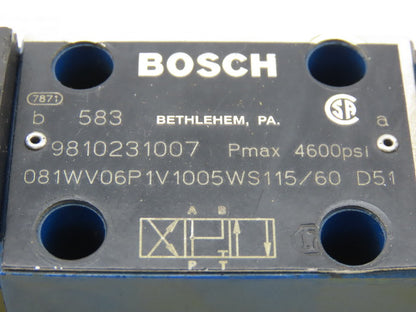 Bosch 081WV06P1V1005WS 4/3 Position 4500PSI Solenoid Hydraulic Valve 115V Coil
