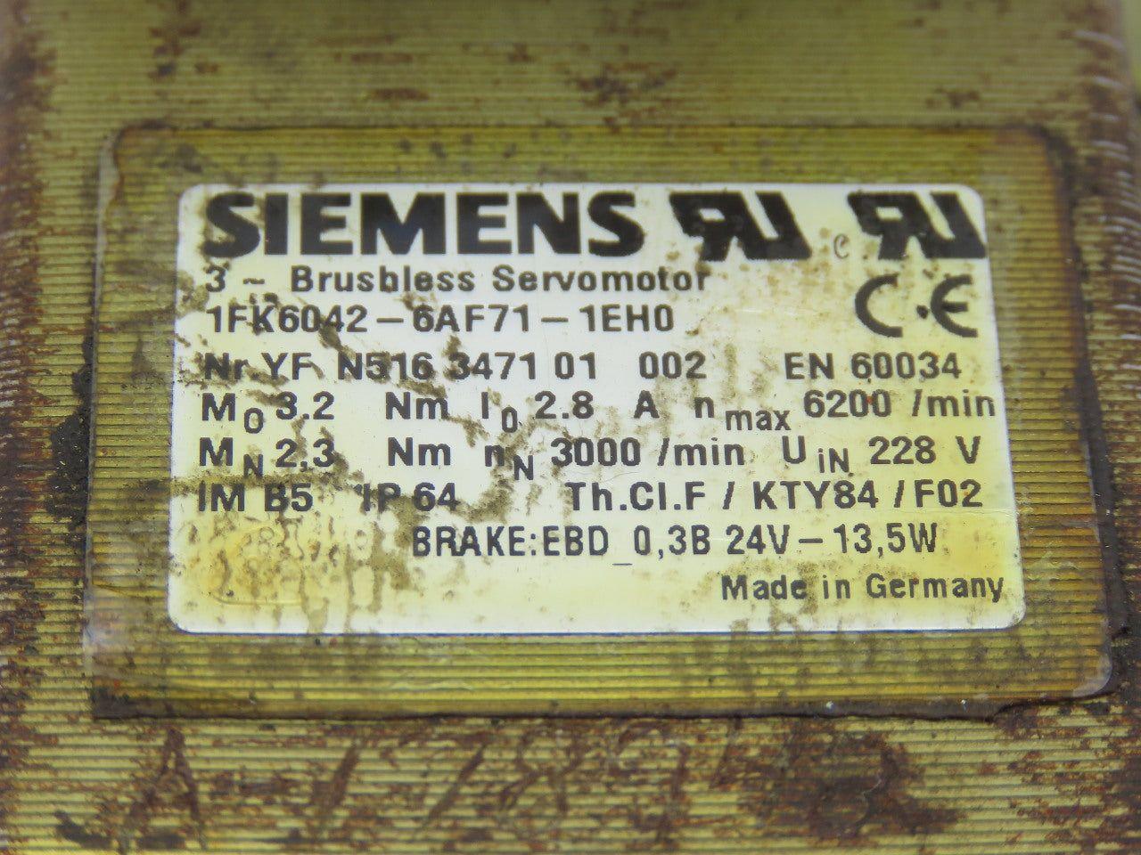 Siemens 1FK6042-6AF71-1EH0 3 Phase Brushless Servo Motor 18mm Shaft 228V