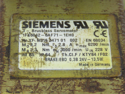 Siemens 1FK6042-6AF71-1EH0 3 Phase Brushless Servo Motor 18mm Shaft 228V