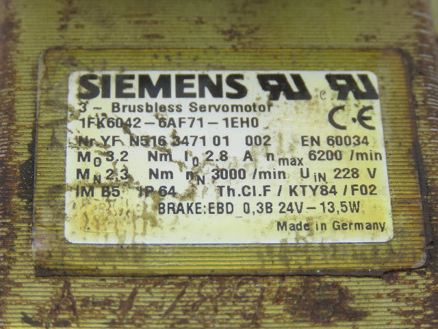 Siemens 1FK6042-6AF71-1EH0 3 Phase Brushless Servo Motor 18mm Shaft 228V