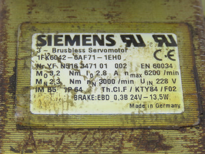 Siemens 1FK6042-6AF71-1EH0 3 Phase Brushless Servo Motor 18mm Shaft 228V