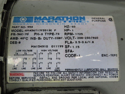 Marathon 6VA56T17F5513E 1Hp 1725RPM 3Ph 208-230/460V Pump Motor