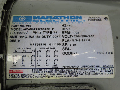 Marathon 6VA56T17F5513E 1Hp 1725RPM 3Ph 208-230/460V Pump Motor