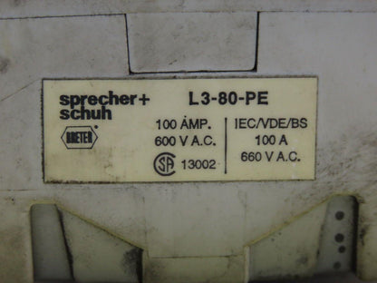 Specher + Schuh L3-80-PE 100A 600V Disconnect Safety Switch W/Operator 3 Pole