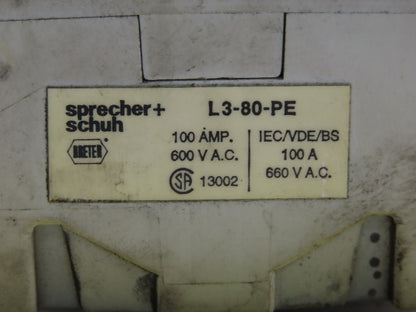Specher + Schuh L3-80-PE 100A 600V Disconnect Safety Switch W/Operator 3 Pole