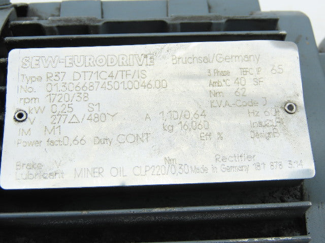 SEW-EURODRIVE R37 DT171C4/TF/IS 45:1 Ratio 0.25kW 38RPM 277/480V Gear Motor