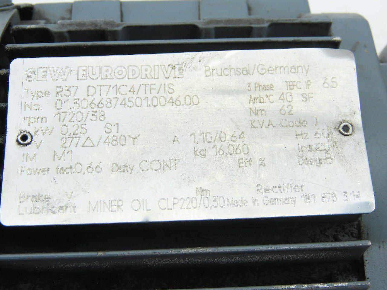 SEW-EURODRIVE R37 DT171C4/TF/IS 45:1 Ratio 0.25kW 38RPM 277/480V Gear Motor