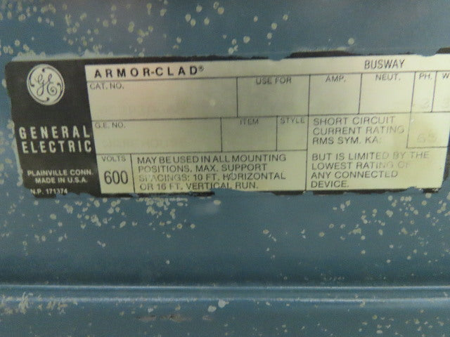 General Electric AC3P3A085 Armor Clad Busway Bus Duct/Bar 600V 800A 5 Taps