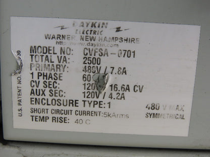 Daykin CVFSA-0701 2500VA Transformer 460HV  120LV