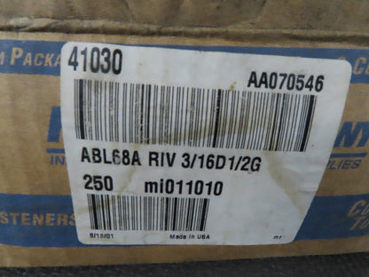 Fastenal ABL68A 3/16" Dia .376-.500" Grip Range  Aluminum Rivet Lot 250