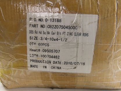 3/4-10 Zinc 4-1/2" GR2 Carriage Bolts Lot Of 60