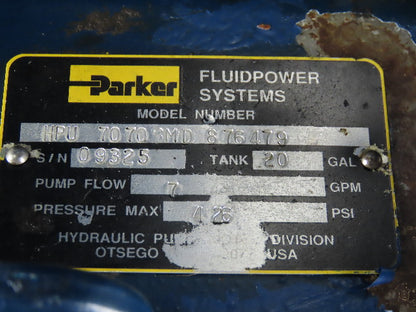 Parker HPU 7070BMD 20 Gal 7GPM 426PSI 460V 3Ph 2Hp Hydraulic Power Unit