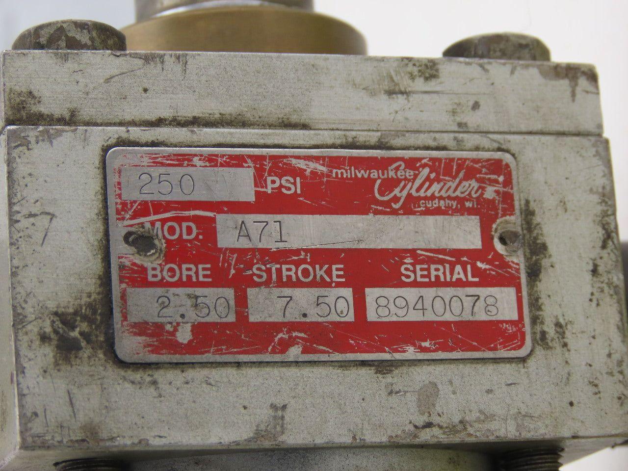 Milwaukee Cylinder A71 Pneumatic Air Cylinder 2-1/2" Bore 7-1/2" Stroke 250PSI