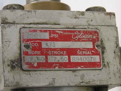 Milwaukee Cylinder A71 Pneumatic Air Cylinder 2-1/2" Bore 7-1/2" Stroke 250PSI
