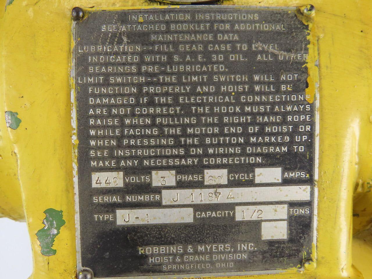 Robbins & Myers 1/2 Ton Electric Cable Hoist 220/440V 3Ph 13' Lift 16FPM Trolley