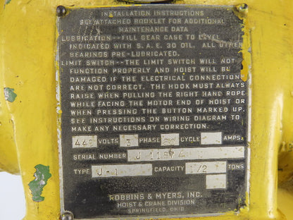 Robbins & Myers 1/2 Ton Electric Cable Hoist 220/440V 3Ph 13' Lift 16FPM Trolley