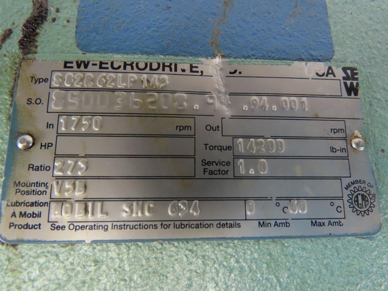 Sew Eurodrive S82R62LP143 1Hp 180VDC Gear Motor W/Brake 273:1 Ratio