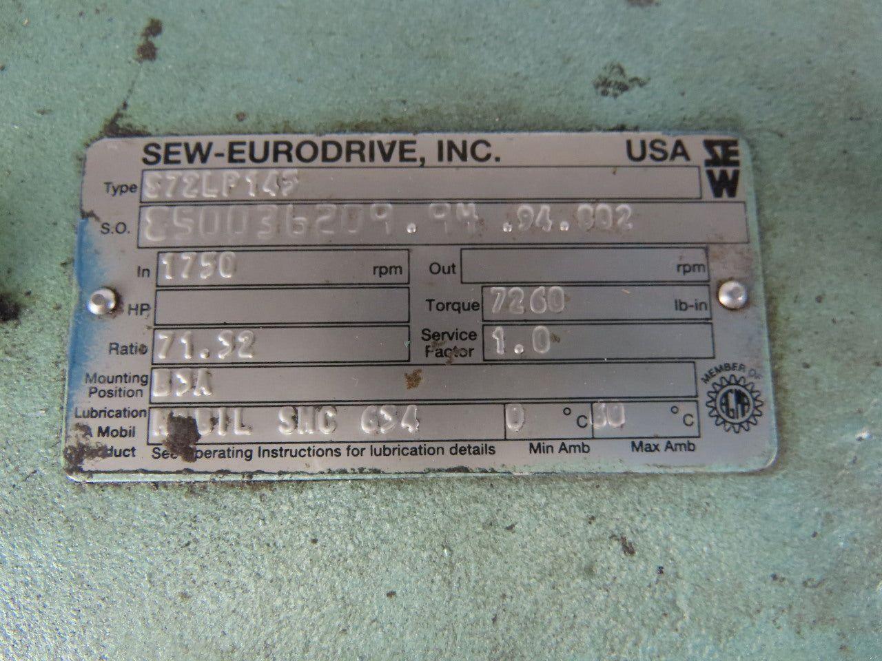 SEW-EURODRIVE S72LP145 3Hp 180VDC Gear Motor W/Brake 71.32:1 Ratio BaldorCDP3604