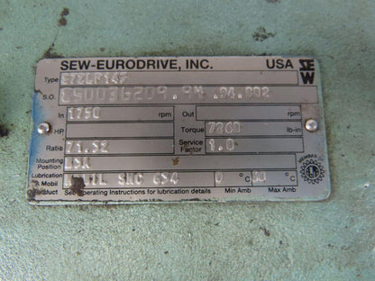 SEW-EURODRIVE S72LP145 3Hp 180VDC Gear Motor W/Brake 71.32:1 Ratio BaldorCDP3604