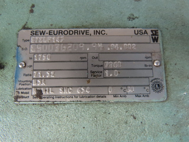 SEW-EURODRIVE S72LP145 3Hp 180VDC Gear Motor W/Brake 71.32:1 Ratio BaldorCDP3604