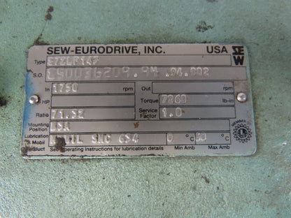 SEW-EURODRIVE S72LP145 3Hp 180VDC Gear Motor W/Brake 71.32:1 Ratio BaldorCDP3604