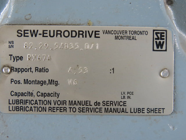 SEW-EURODRIVE RX67DT90S2BM62HF 2.14Hp Gear Motor 159.82RPM Output 23/460V 3Ph
