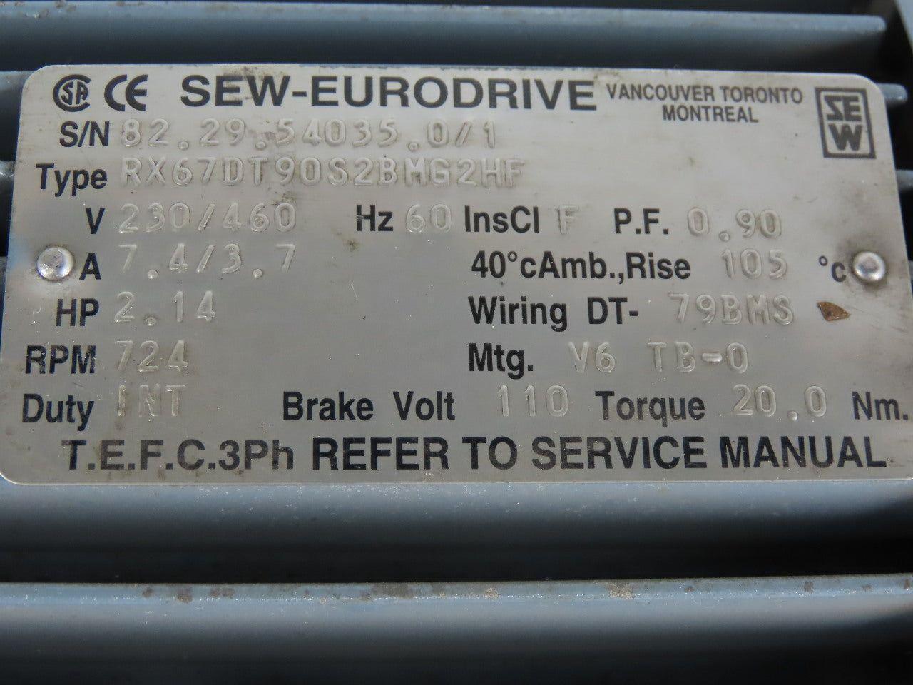 SEW-EURODRIVE RX67DT90S2BM62HF 2.14Hp Gear Motor 159.82RPM Output 23/460V 3Ph