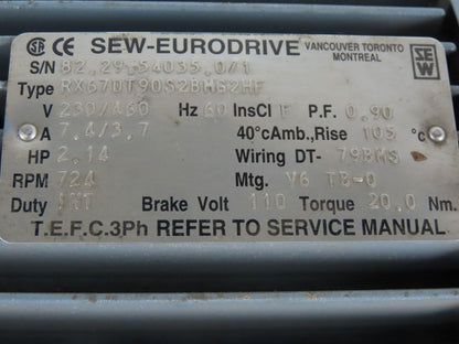 SEW-EURODRIVE RX67DT90S2BM62HF 2.14Hp Gear Motor 159.82RPM Output 23/460V 3Ph