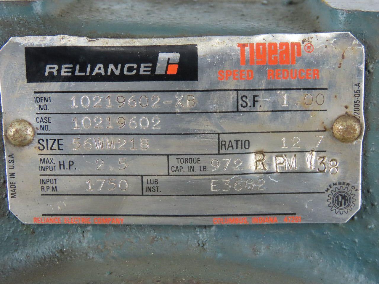 Reliance 10219602-XB Gearbox Speed Reducer 12.7:1 Ratio 56WM21B 2.5 HP