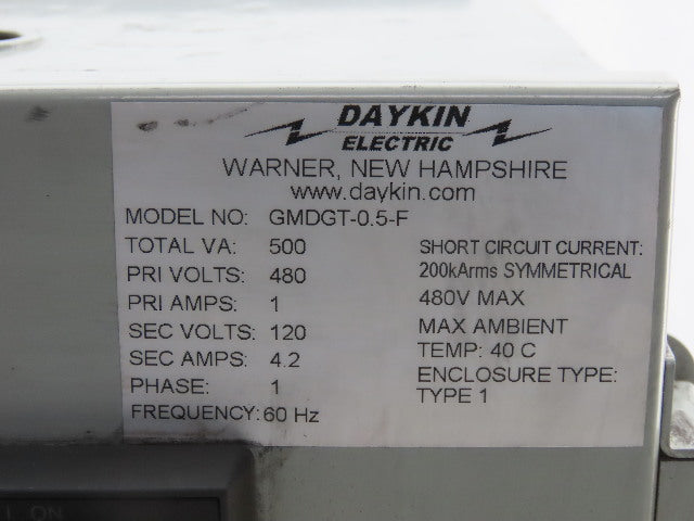 Daykin GMDGT-0.5-F Transformer Disconnect Pri 480V Sec 120V 500 VA 1Ph