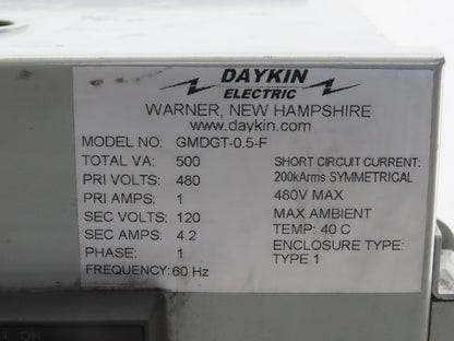 Daykin GMDGT-0.5-F Transformer Disconnect Pri 480V Sec 120V 500 VA 1Ph