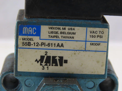 MAC 55B-12-PI-611AA Pneumatic Solenoid Valve W/PID-116AAAA 120V Coil 3/8" NPT