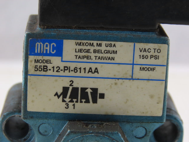 MAC 55B-12-PI-611AA Pneumatic Solenoid Valve W/PID-116AAAA 120V Coil 3/8" NPT