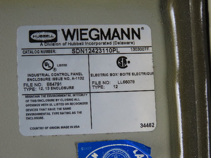 Wiegmann SDN12423110PL Wall Mount Electrical Enclosure 42x31x10" W/Back Plate