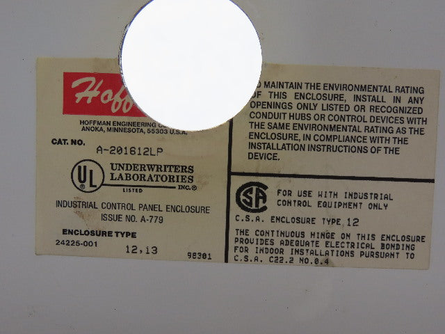 Hoffmann A-201612LP 20x16x12" Steel Electrical Enclosure Wall Mount W/Back Plate