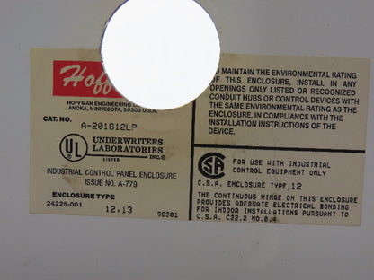Hoffmann A-201612LP 20x16x12" Steel Electrical Enclosure Wall Mount W/Back Plate