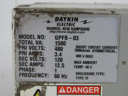 Daykin GPFB-03 Enclosed Transformer Disconnect 1500VA 480V Pri 120V Sec 1PH