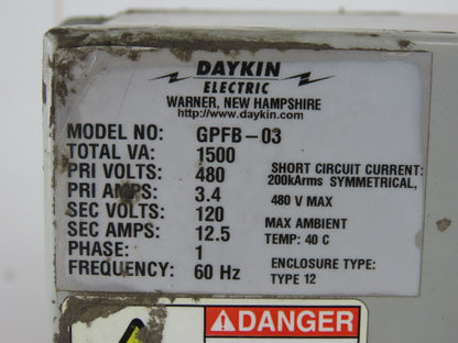 Daykin GPFB-03 Enclosed Transformer Disconnect 1500VA 480V Pri 120V Sec 1PH