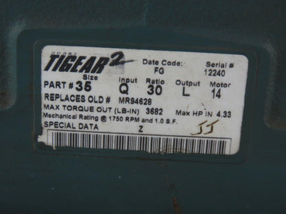 Dodge Tigear 2 Size 35 Worm Gear Box Speed Reducer 30:1 Ratio 4.43Hp