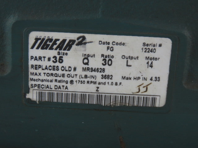 Dodge Tigear 2 Size 35 Worm Gear Box Speed Reducer 30:1 Ratio 4.43Hp