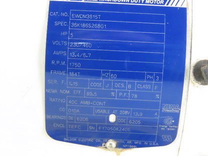 Baldor EWDM3615T 5Hp Wash Down Duty Electric Motor 208/230/460V 3Ph 184T Frame