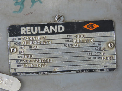 Reuland B11058X2724 5Hp Electric Motor AVO-213 Frame 208-230/460V 3ph 3600RPM